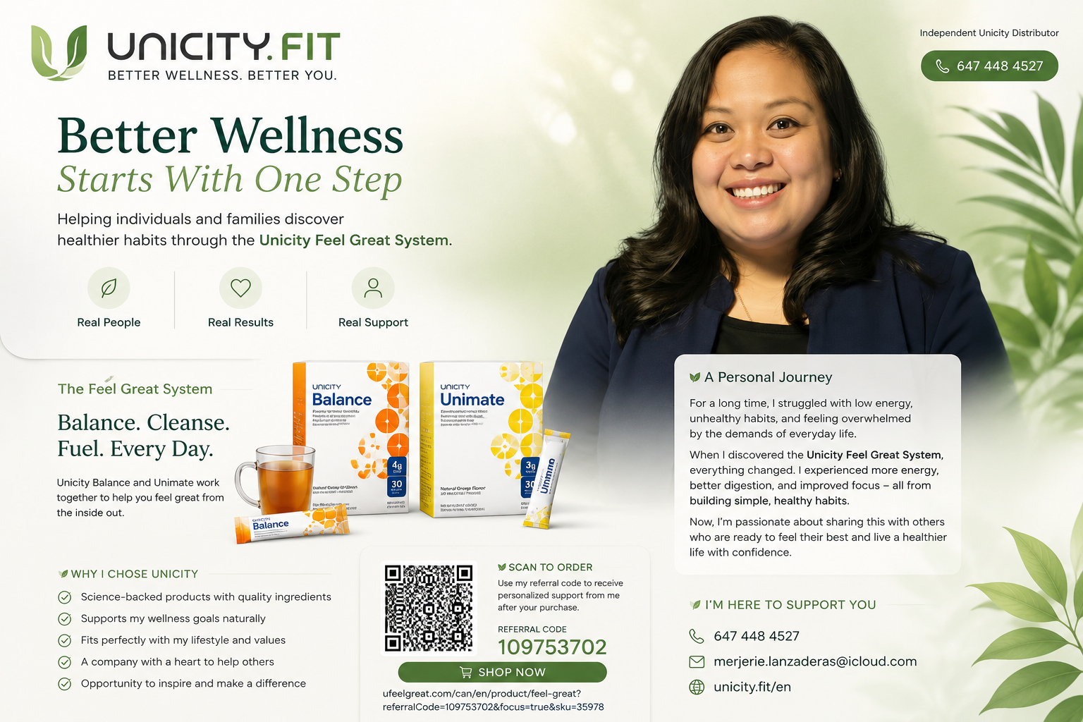 UNICITY.FIT brochure introducing Merjerie Lanzaderas and the Feel Great System